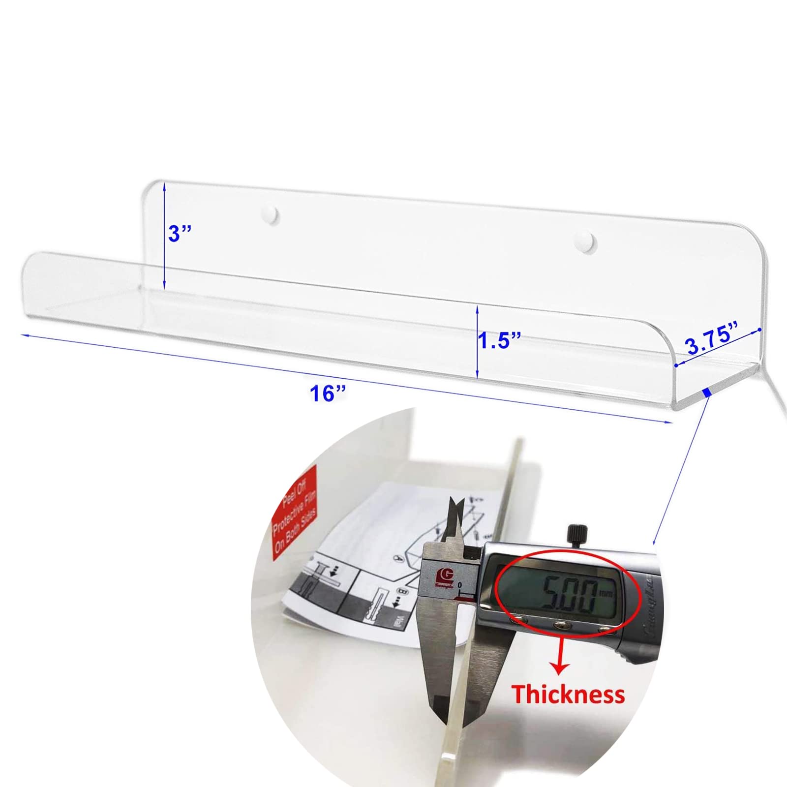 Huji 16 Inch Clear Acrylic Shelf with Rounded Corners for Books, Collectibles, Photos, Coffee Mugs, Makeup, Funko Pops, Toys, Spice Rack - Image 3
