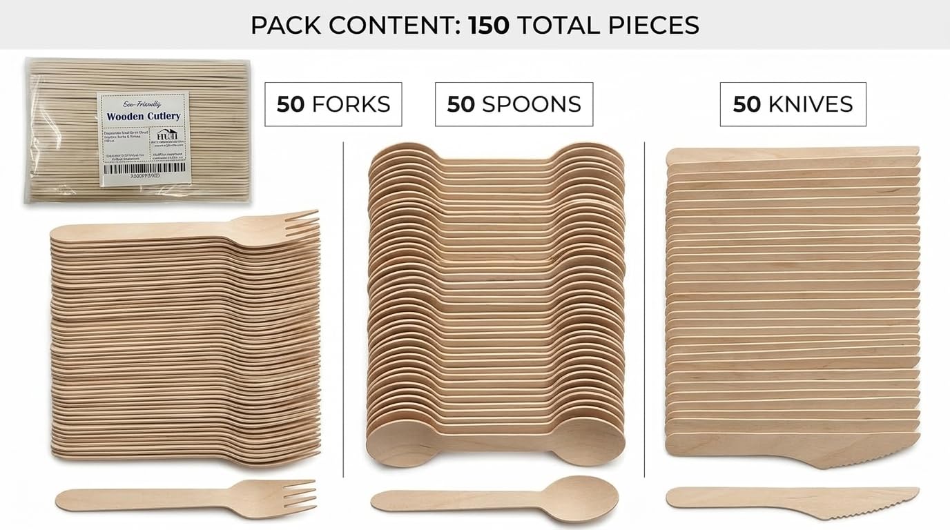 HUJI Disposable Wooden Cutlery Set | All Natural 100% Eco-Friendly Biodegradable Compostable | 50 Spoons 50 Forks 50 Knives | For Birthday Party Events Holiday Family Gathering Camping BBQ Picnics - Image 3