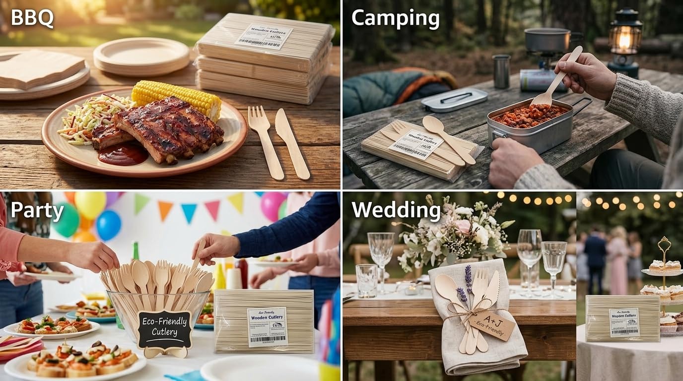 HUJI Disposable Wooden Cutlery Set | All Natural 100% Eco-Friendly Biodegradable Compostable | 50 Spoons 50 Forks 50 Knives | For Birthday Party Events Holiday Family Gathering Camping BBQ Picnics - Image 4