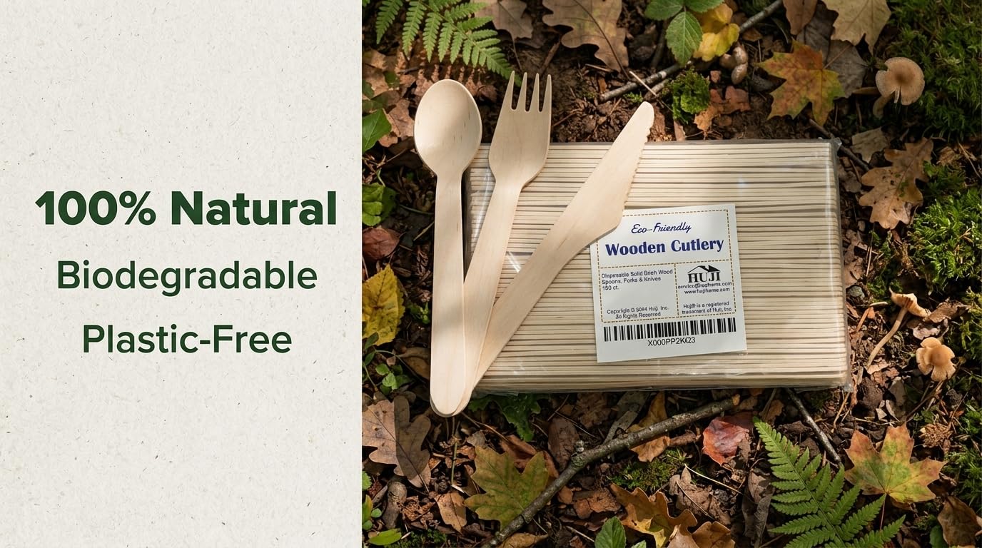 HUJI Disposable Wooden Cutlery Set | All Natural 100% Eco-Friendly Biodegradable Compostable | 50 Spoons 50 Forks 50 Knives | For Birthday Party Events Holiday Family Gathering Camping BBQ Picnics - Image 5