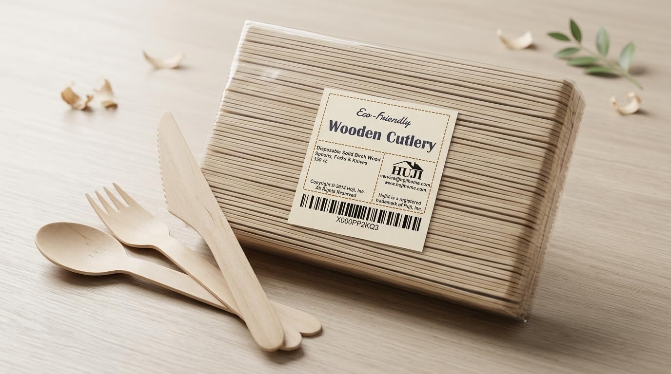 HUJI Disposable Wooden Cutlery Set | All Natural 100% Eco-Friendly Biodegradable Compostable | 50 Spoons 50 Forks 50 Knives | For Birthday Party Events Holiday Family Gathering Camping BBQ Picnics - Image 6