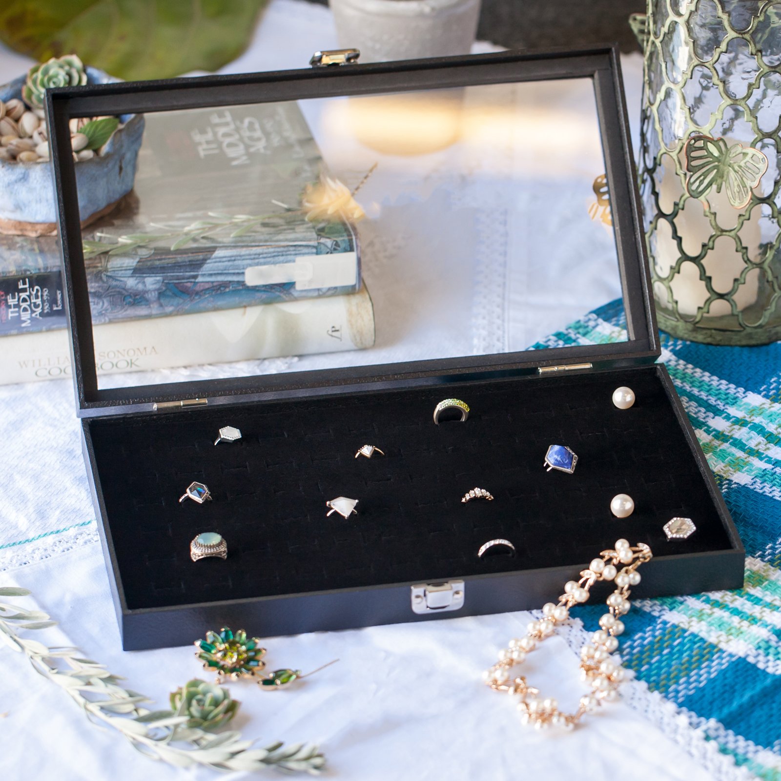 Huji Glass Top Ring Display Showcase With Velvet Insert Liner Jewelry Organizer (1, 72 Slot Case) - Image 3