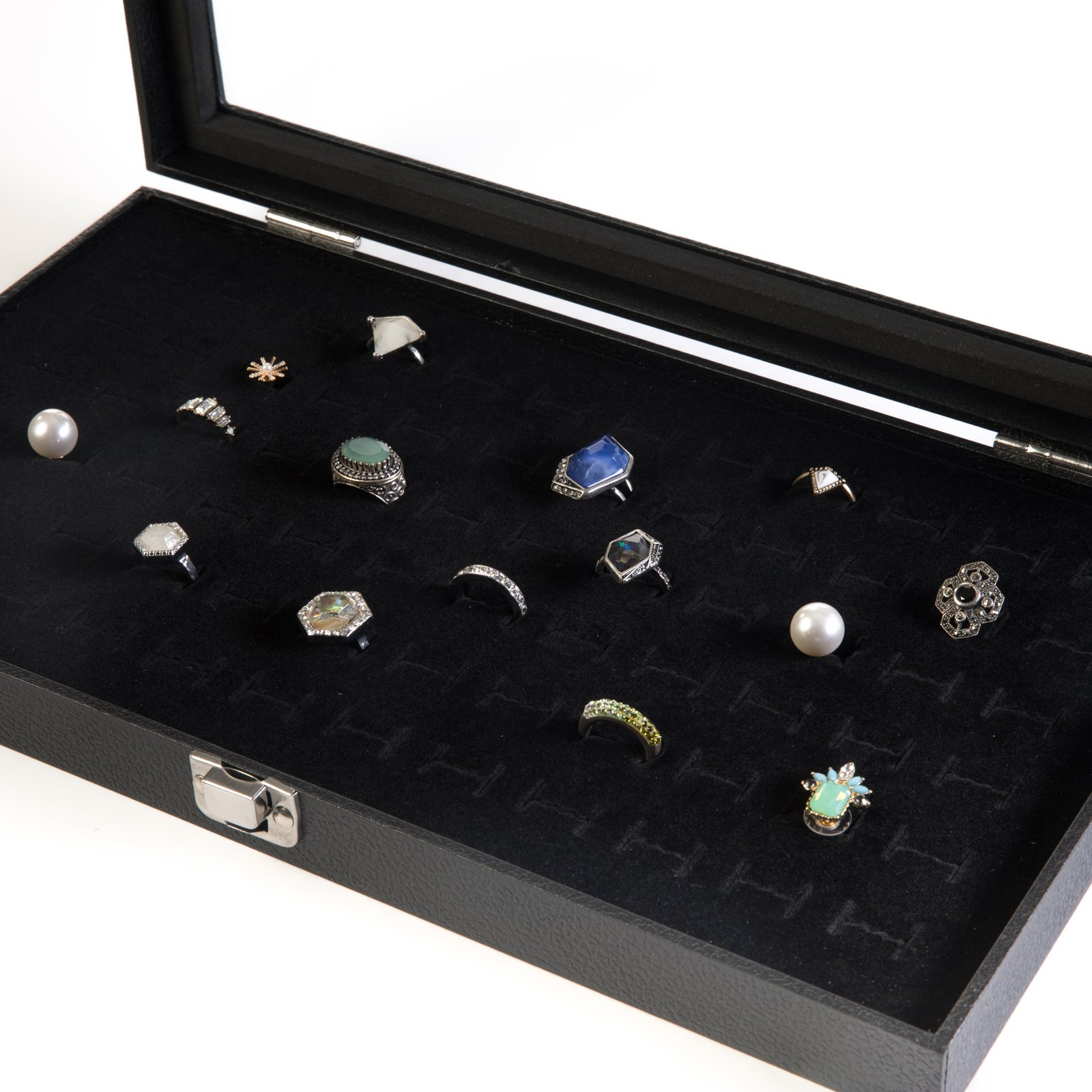 Huji Glass Top Ring Display Showcase With Velvet Insert Liner Jewelry Organizer (1, 72 Slot Case) - Image 4
