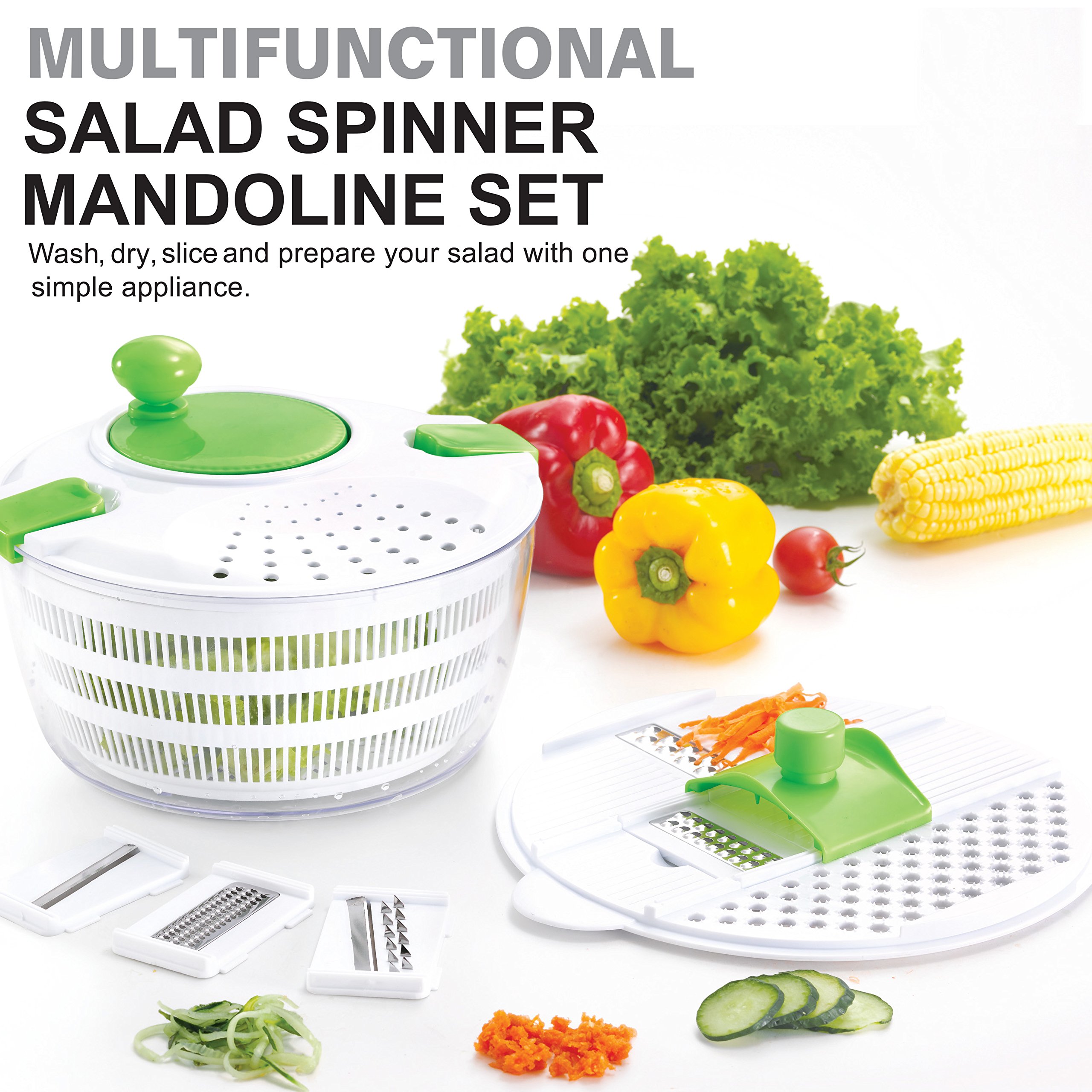 Huji Multifunctional Large Salad Spinner (4 Quarts) and Mandoline Set – 5 Blade Slicer, Drainer, Tosser, Vegetable Dryer with a Pouring Spout - Image 7