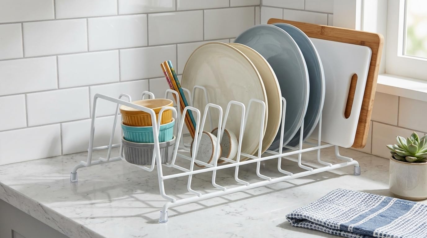 Huji Plates Holder Pots Pans Lid Organizer Rack for Cabinet, Pantry or Kitchen Counter (ONE, WHITE) - Image 3