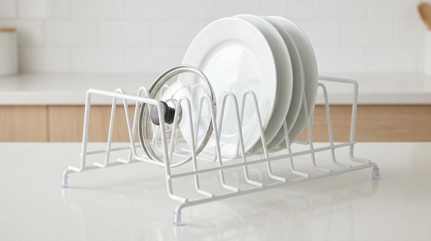 Huji Plates Holder Pots Pans Lid Organizer Rack for Cabinet, Pantry or Kitchen Counter (ONE, WHITE) - Image 4