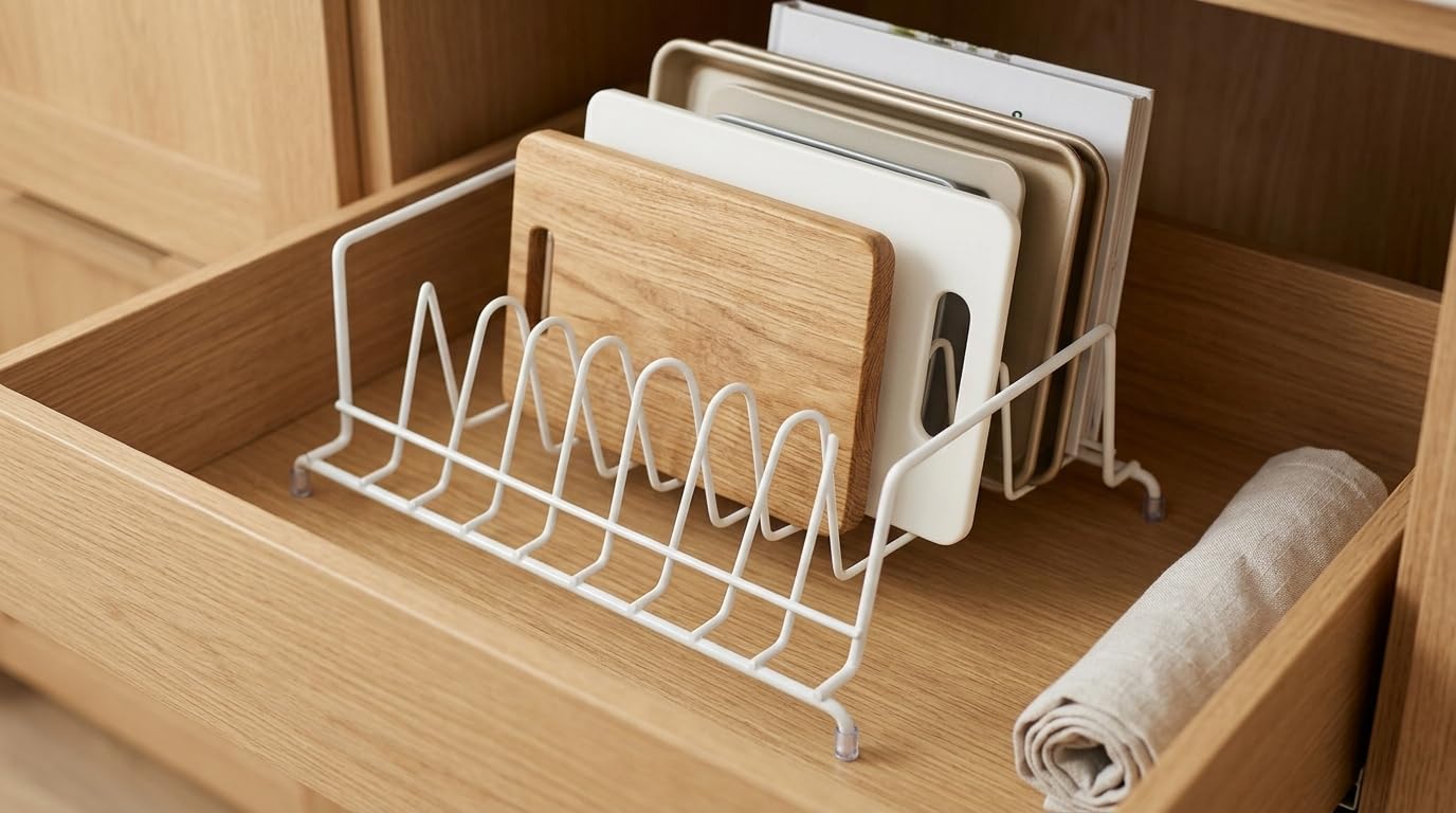 Huji Plates Holder Pots Pans Lid Organizer Rack for Cabinet, Pantry or Kitchen Counter (ONE, WHITE) - Image 6