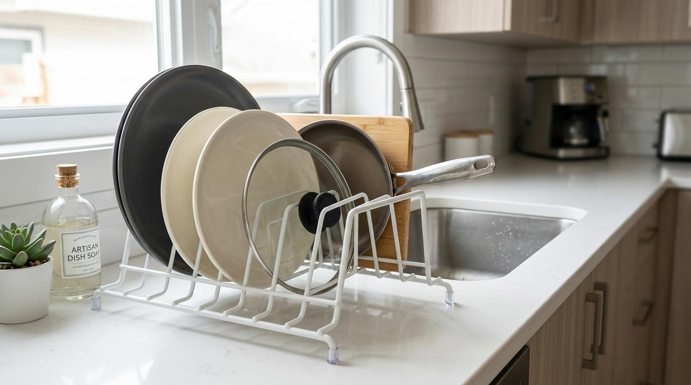 Huji Plates Holder Pots Pans Lid Organizer Rack for Cabinet, Pantry or Kitchen Counter (ONE, WHITE) - Image 7