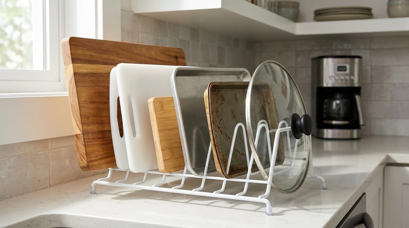 Huji Plates Holder Pots Pans Lid Organizer Rack for Cabinet, Pantry or Kitchen Counter (ONE, WHITE) - Image 8