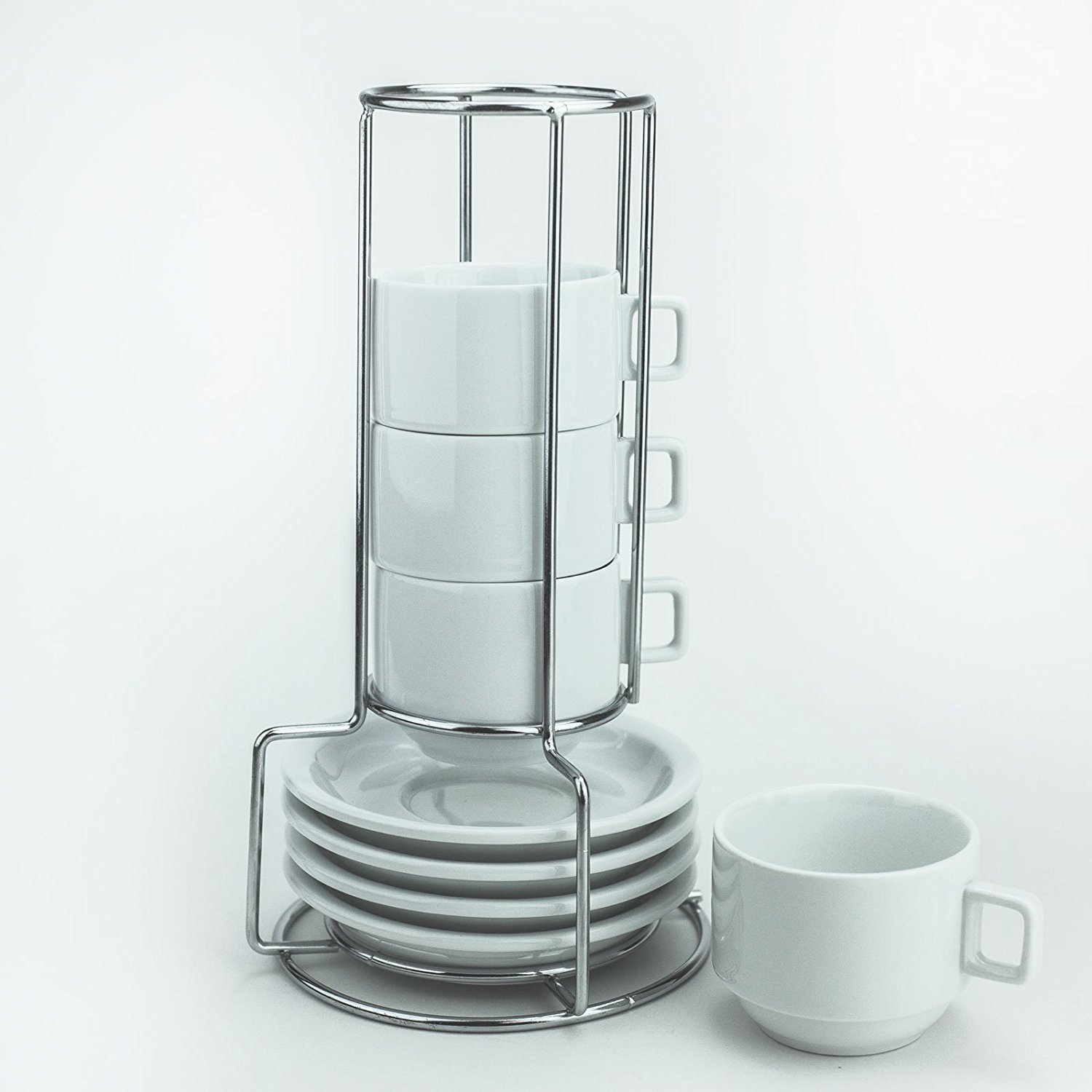 Huji Stack-able Porcelain 3.2 OZ Espresso Turkish Coffee Cups and Saucer Set with Chrome Rack (9 Piece Set) (1) - Image 4